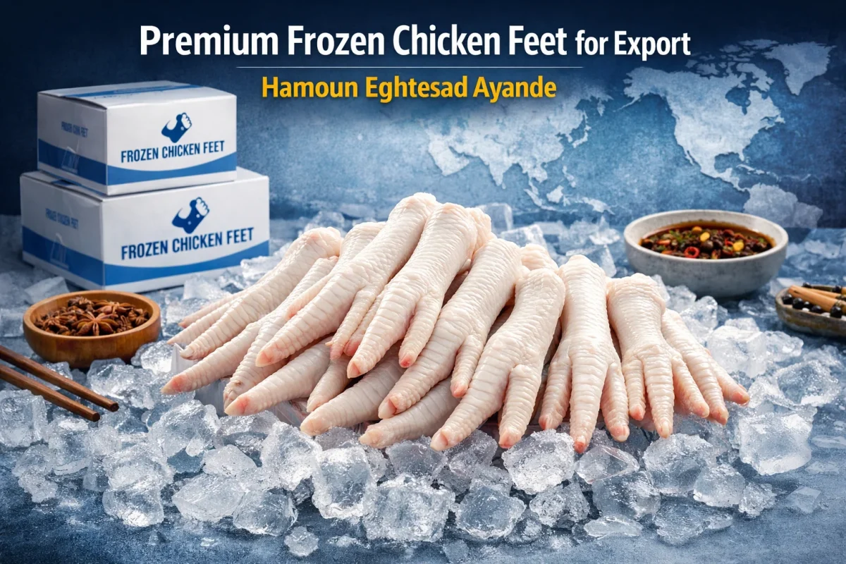 Premium frozen chicken feet for export by Hamoun Eghtesad Ayande, hygienically processed and packed in 20 kg export cartons
